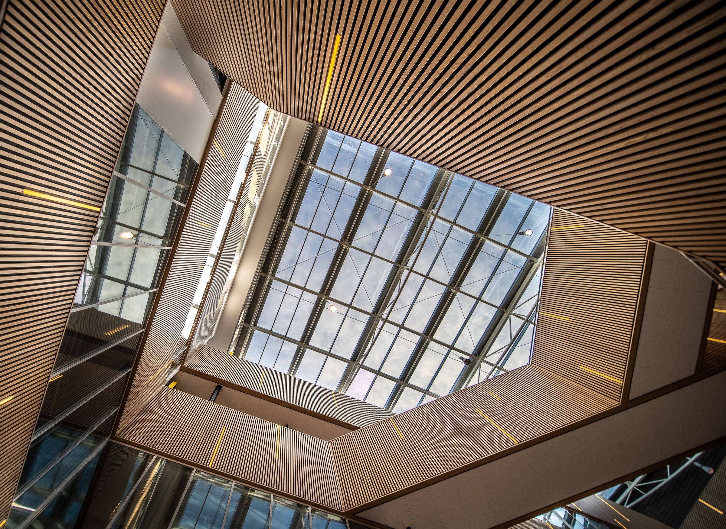 Modern architectural atrium with timber slats and a glass ceiling